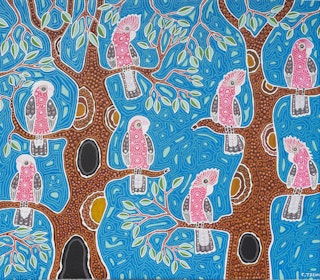 A colorful artwork depicts a repeating pattern of the galah birds, perched on brown branches against a blue background